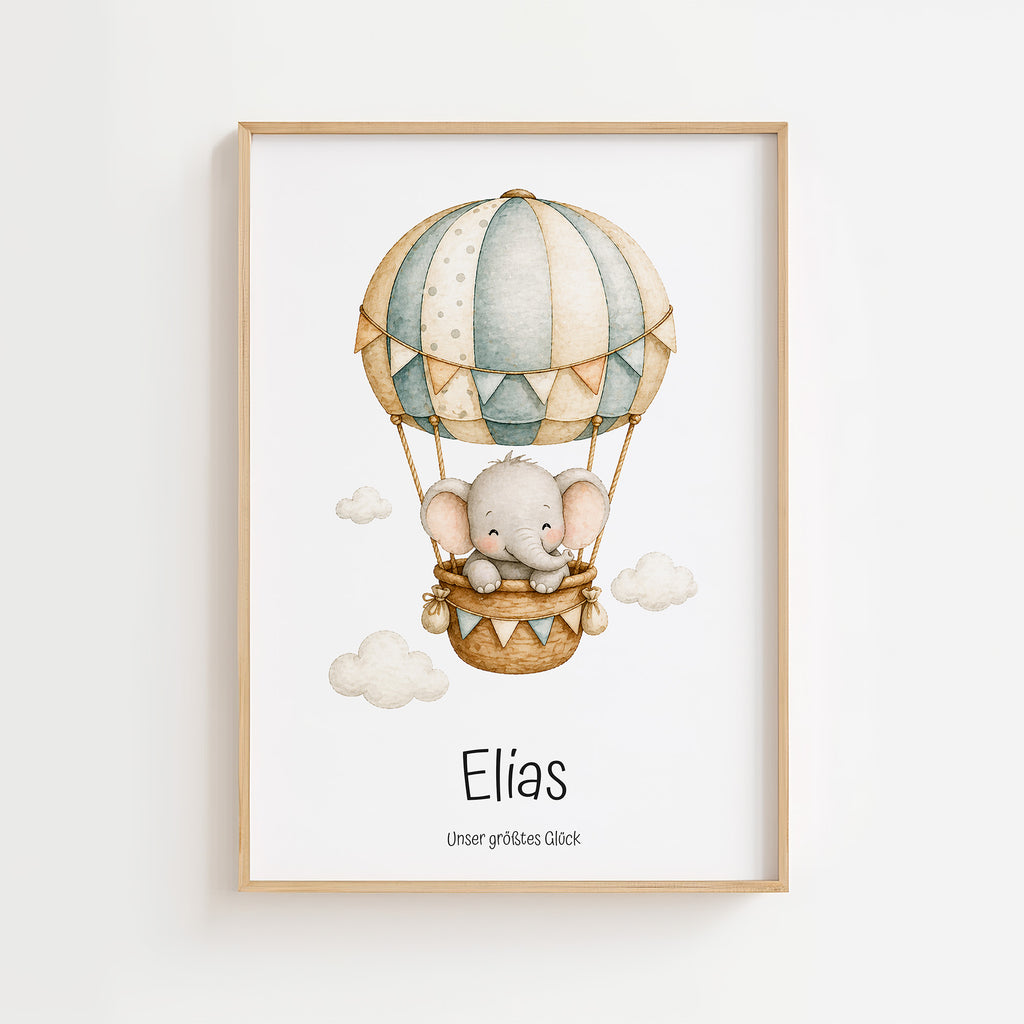 Elefant im Heißluftballon mit Namen