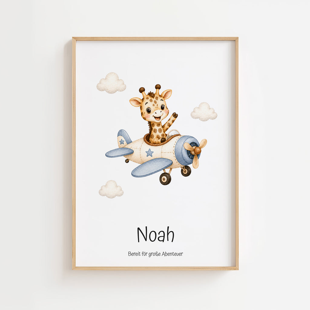 Giraffe im Flugzeug mit Namen