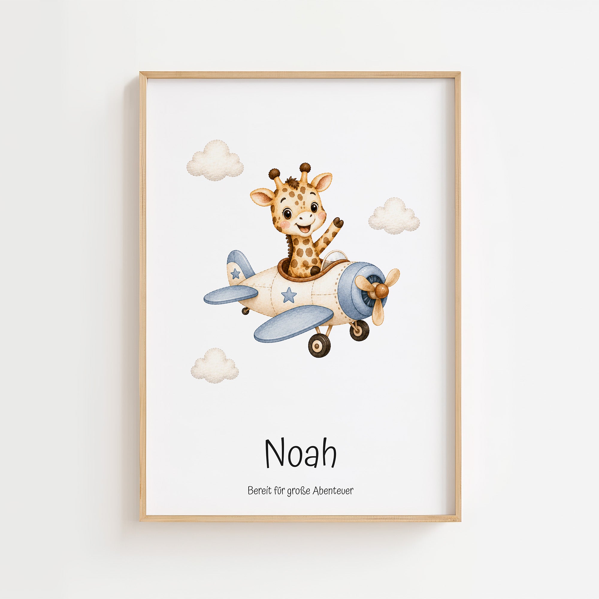 Giraffe im Flugzeug mit Namen