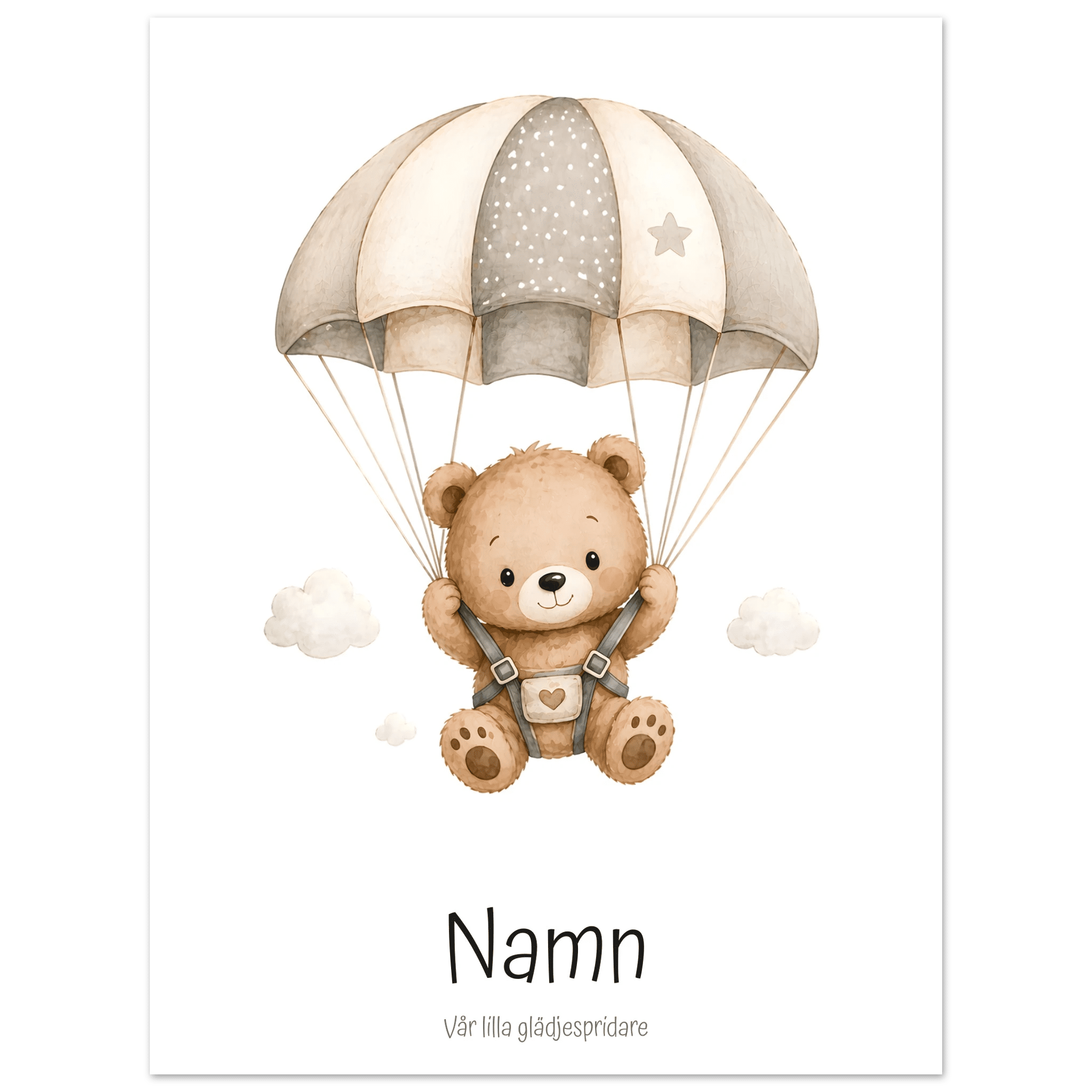 Björn med fallskärm och namn poster