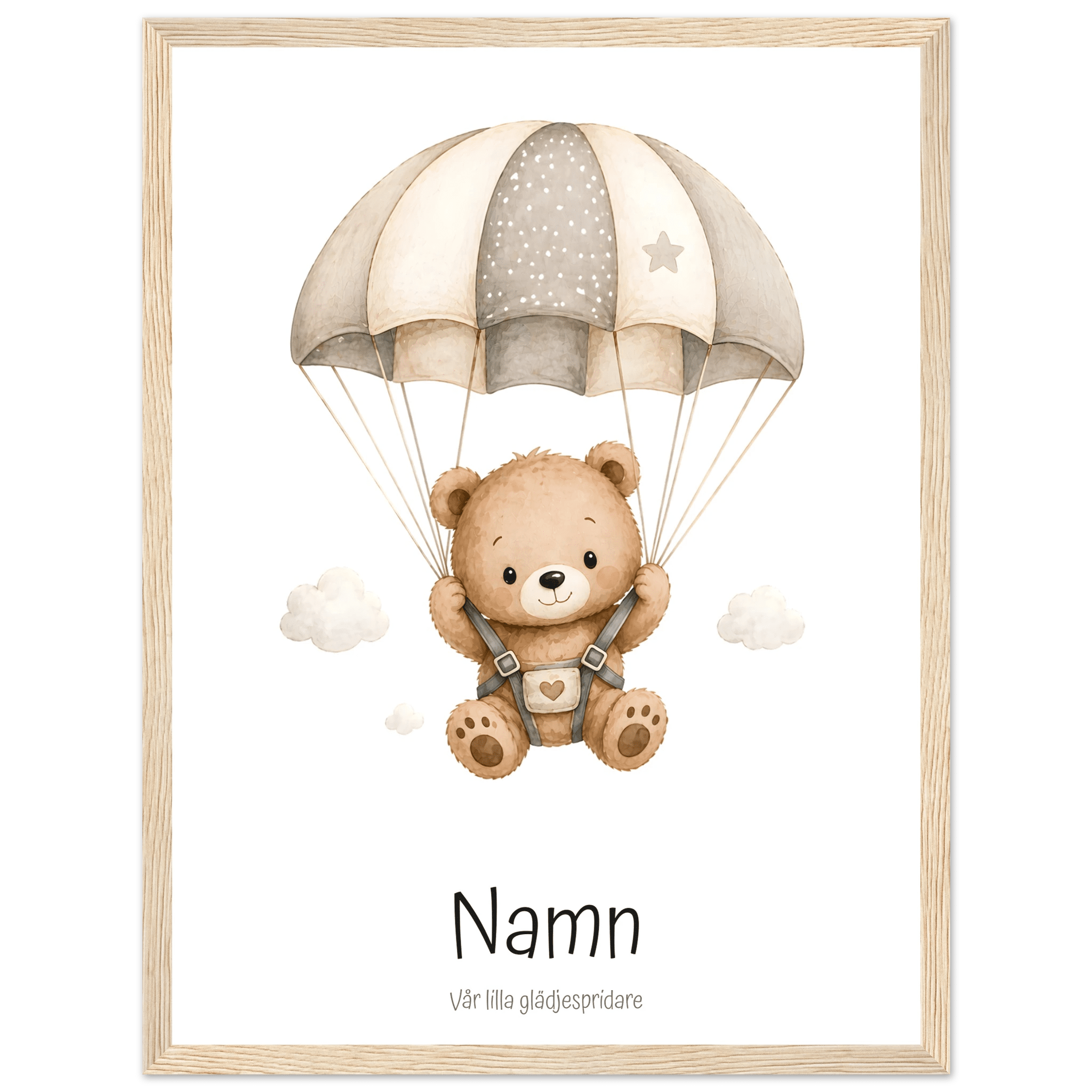 Björn med fallskärm och namn poster