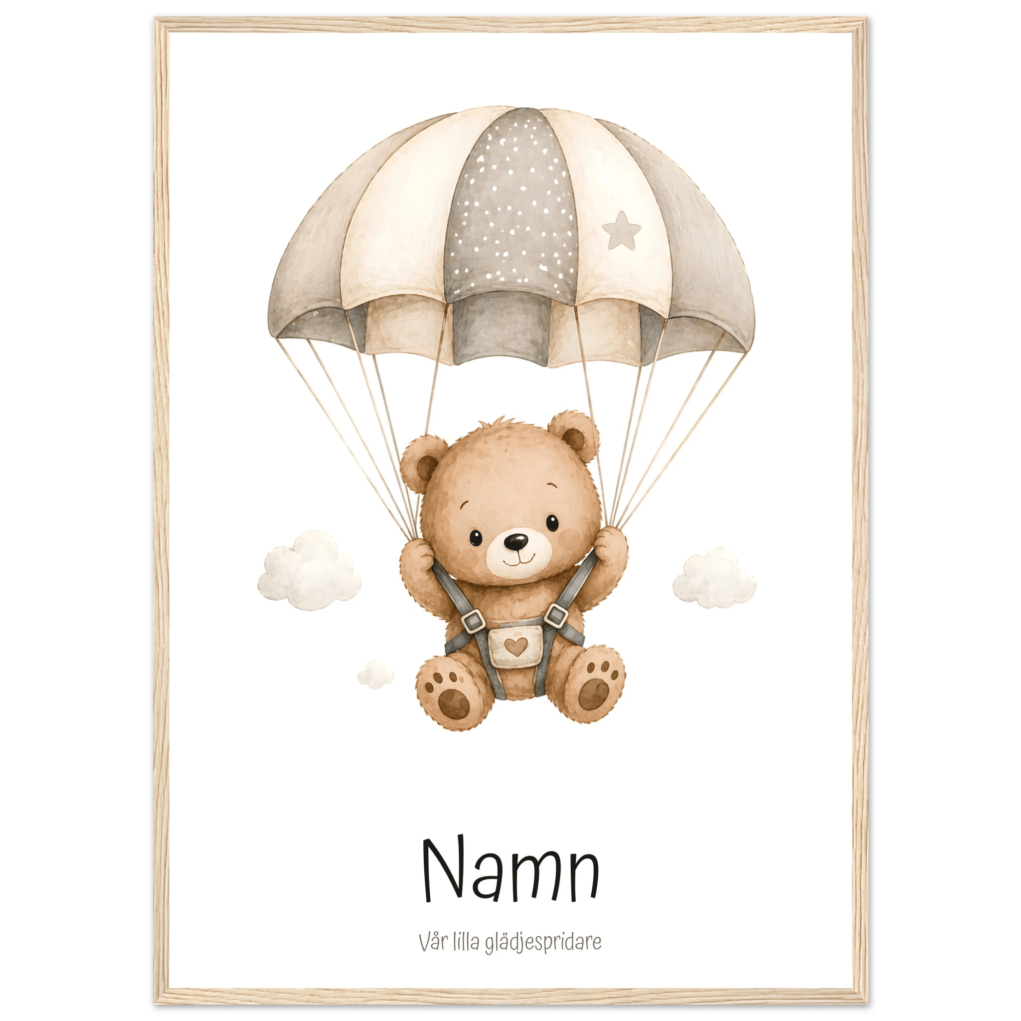 Björn med fallskärm och namn poster