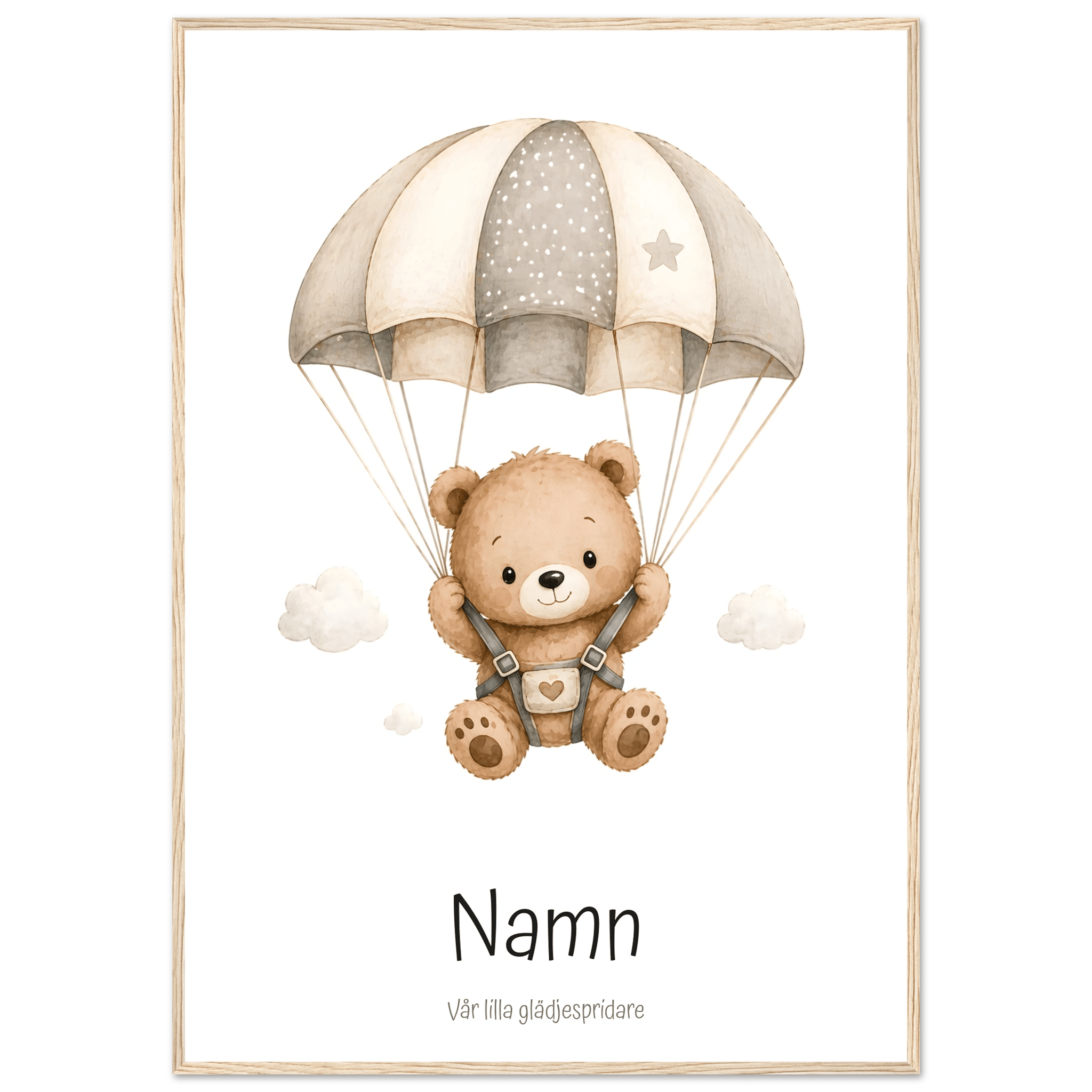 Björn med fallskärm och namn poster