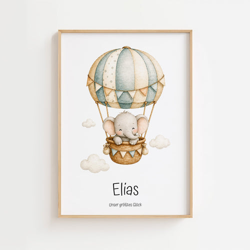 Elefant i luftballong med namn poster
