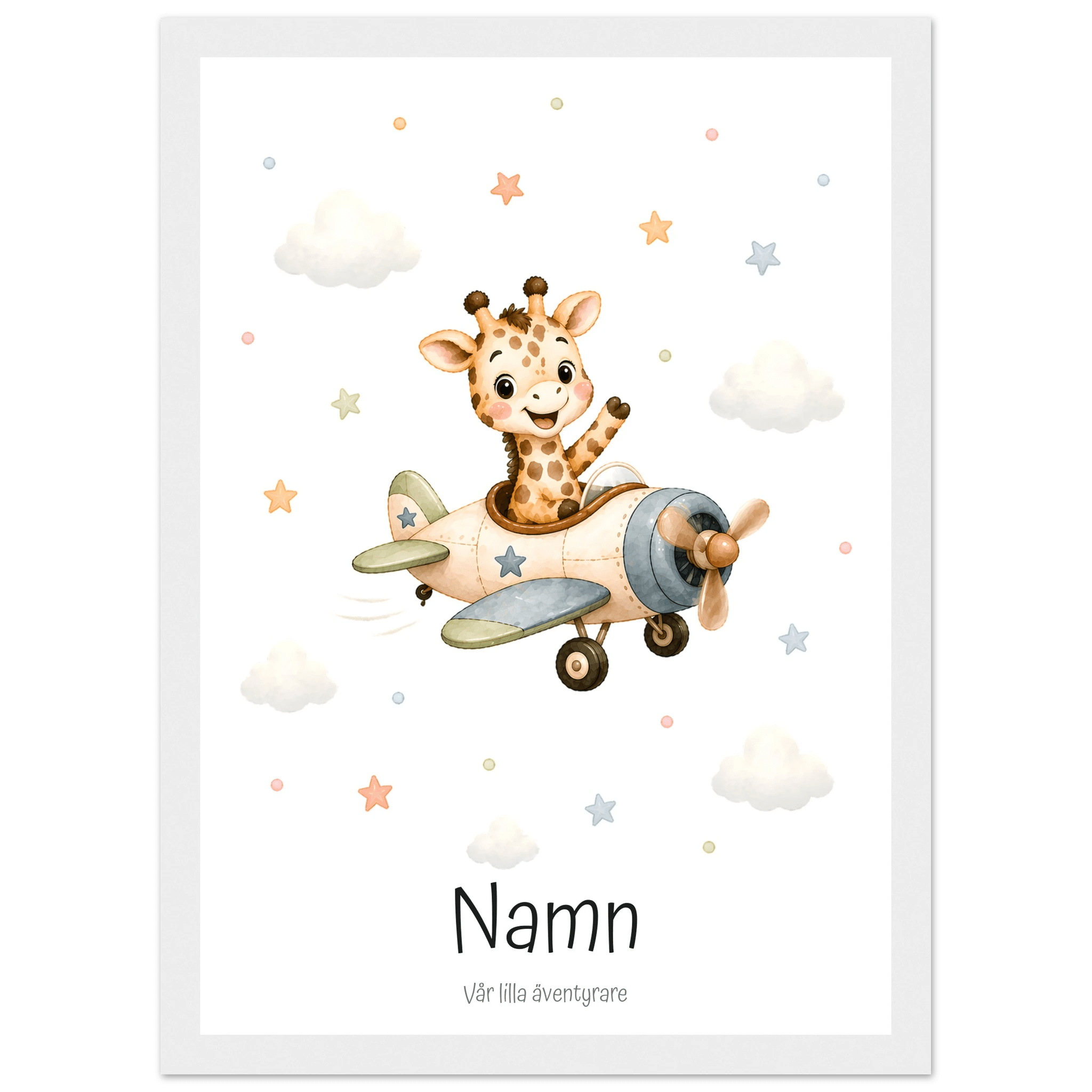 Giraff i flygplan med namn & text poster