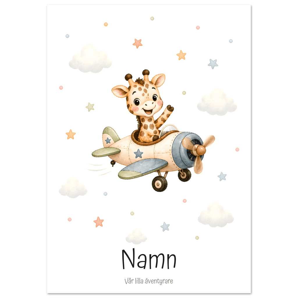 Giraff i flygplan med namn & text poster