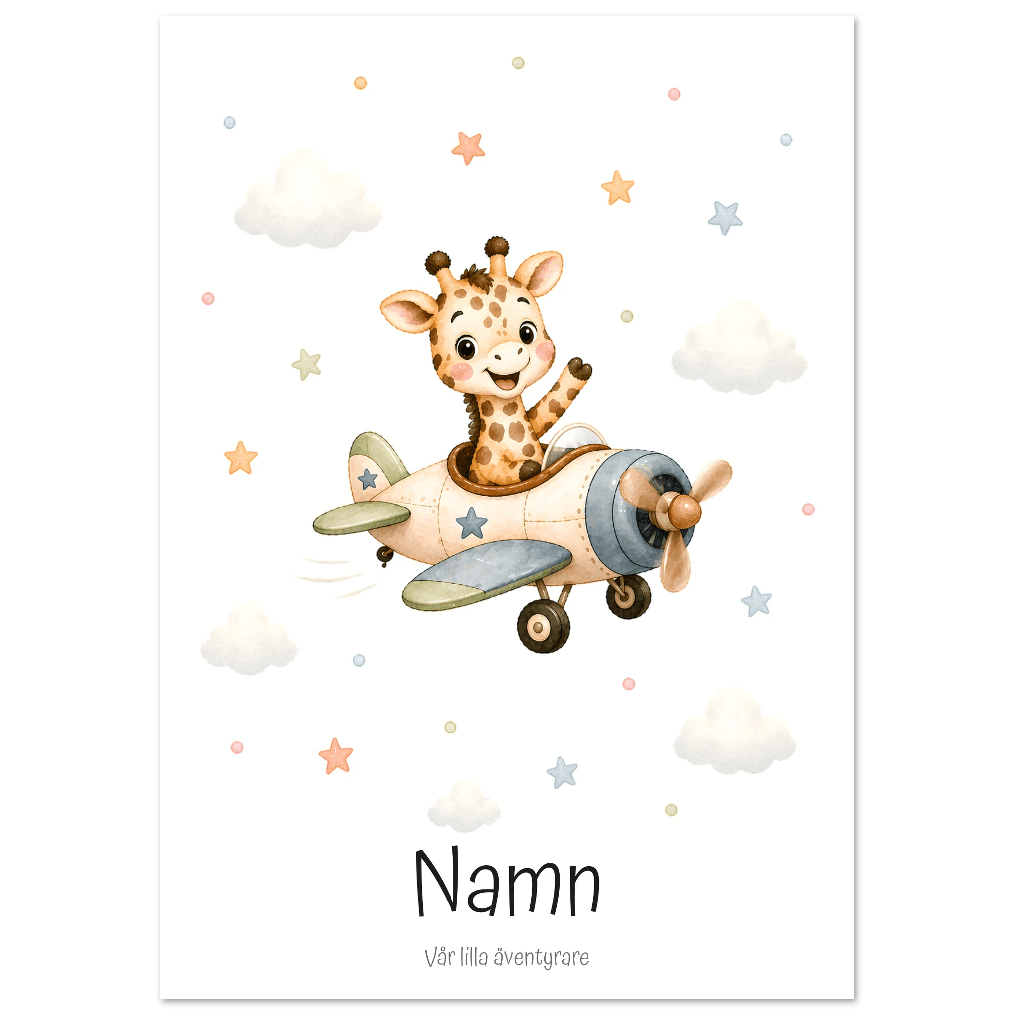 Giraff i flygplan med namn & text poster