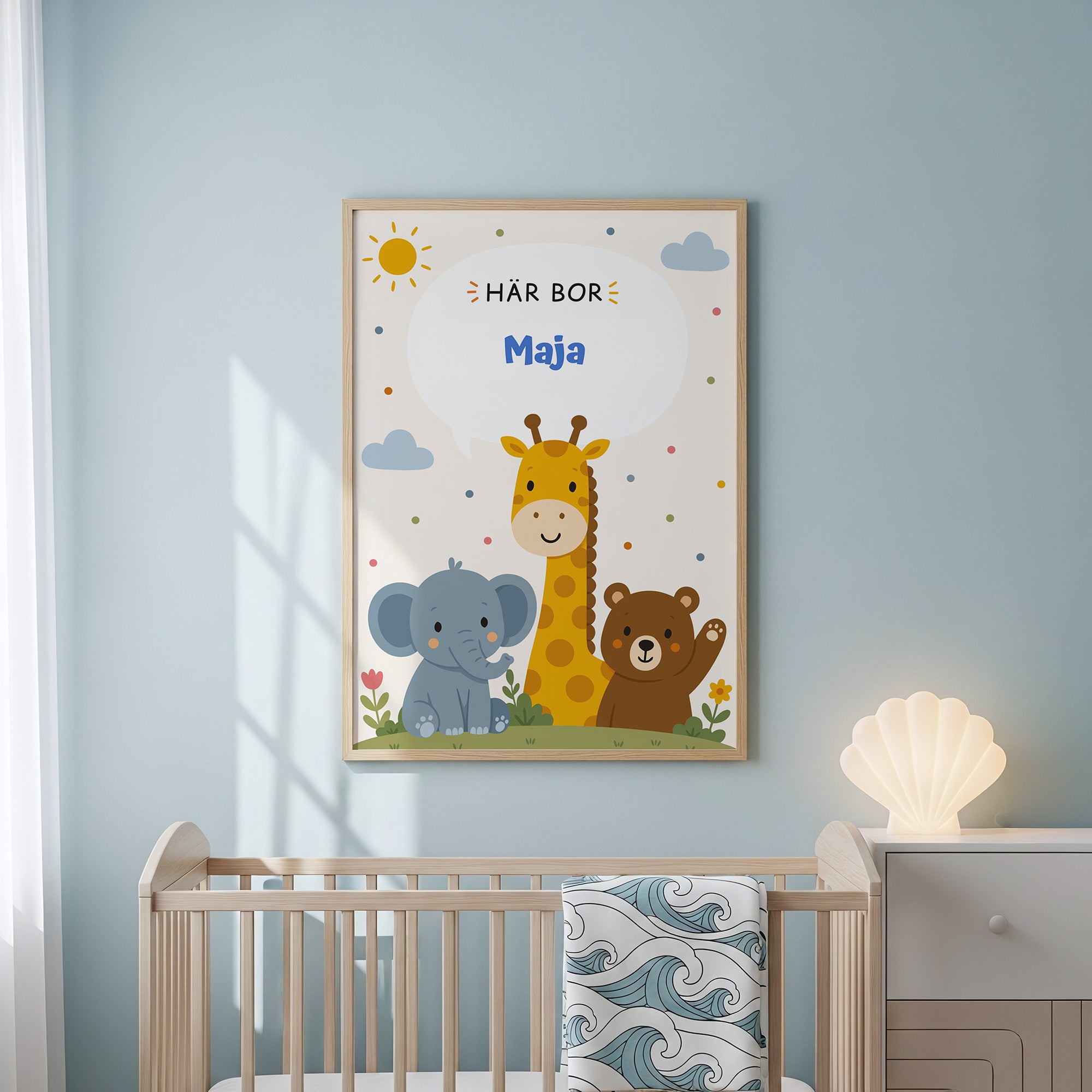 Personalisierte Namensposter mit Tieren – Hier wohnt mit blauem Text