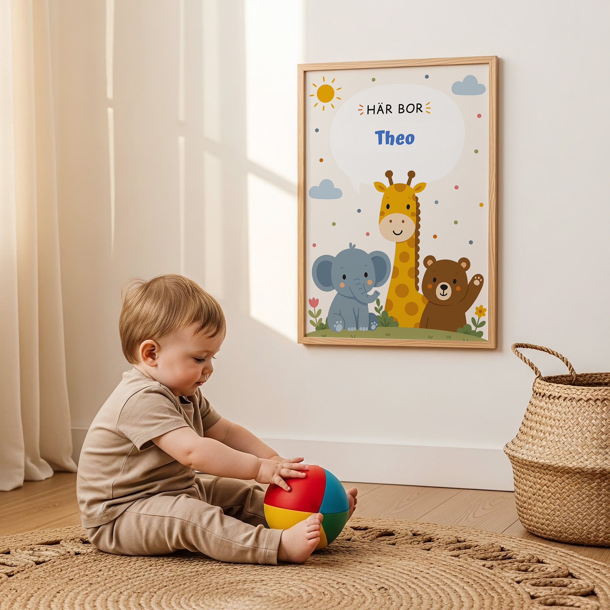 Personalisierte Namensposter mit Tieren – Hier wohnt mit blauem Text