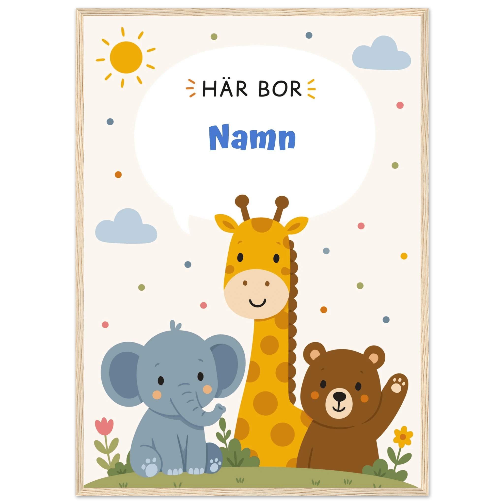 Personlig namnposter med djur – Här bor med blå text poster