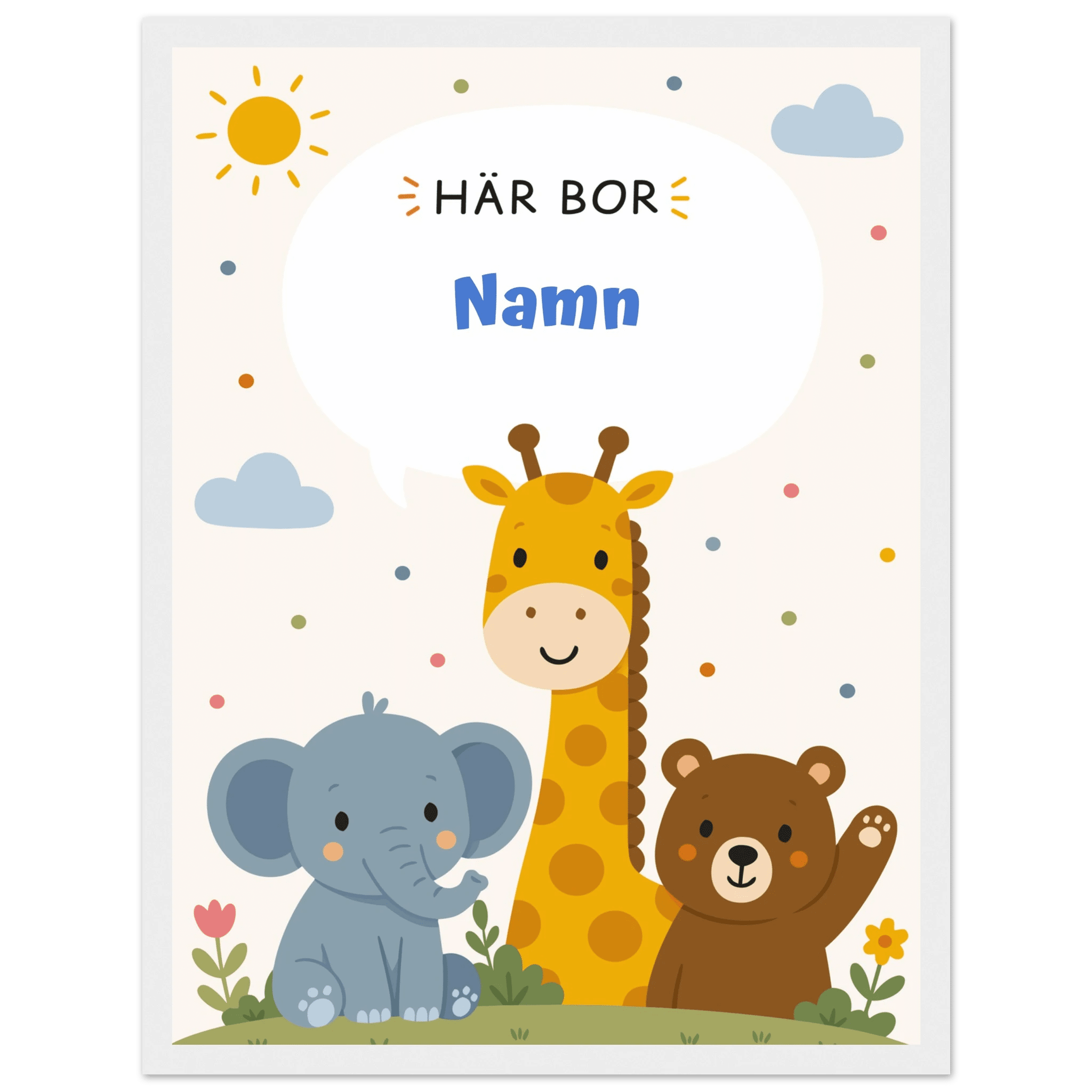 Personlig namnposter med djur – Här bor med blå text poster