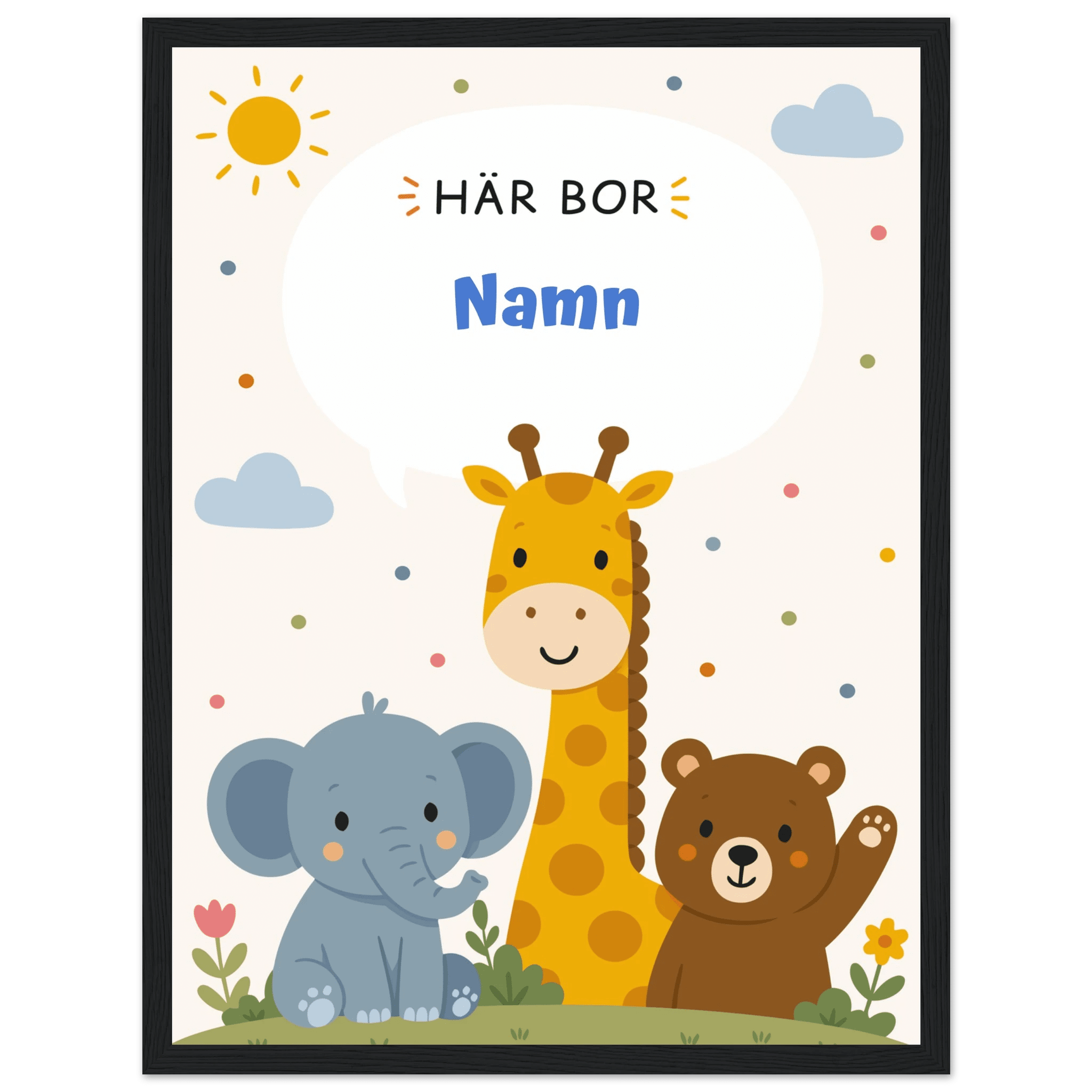 Personlig namnposter med djur – Här bor med blå text poster
