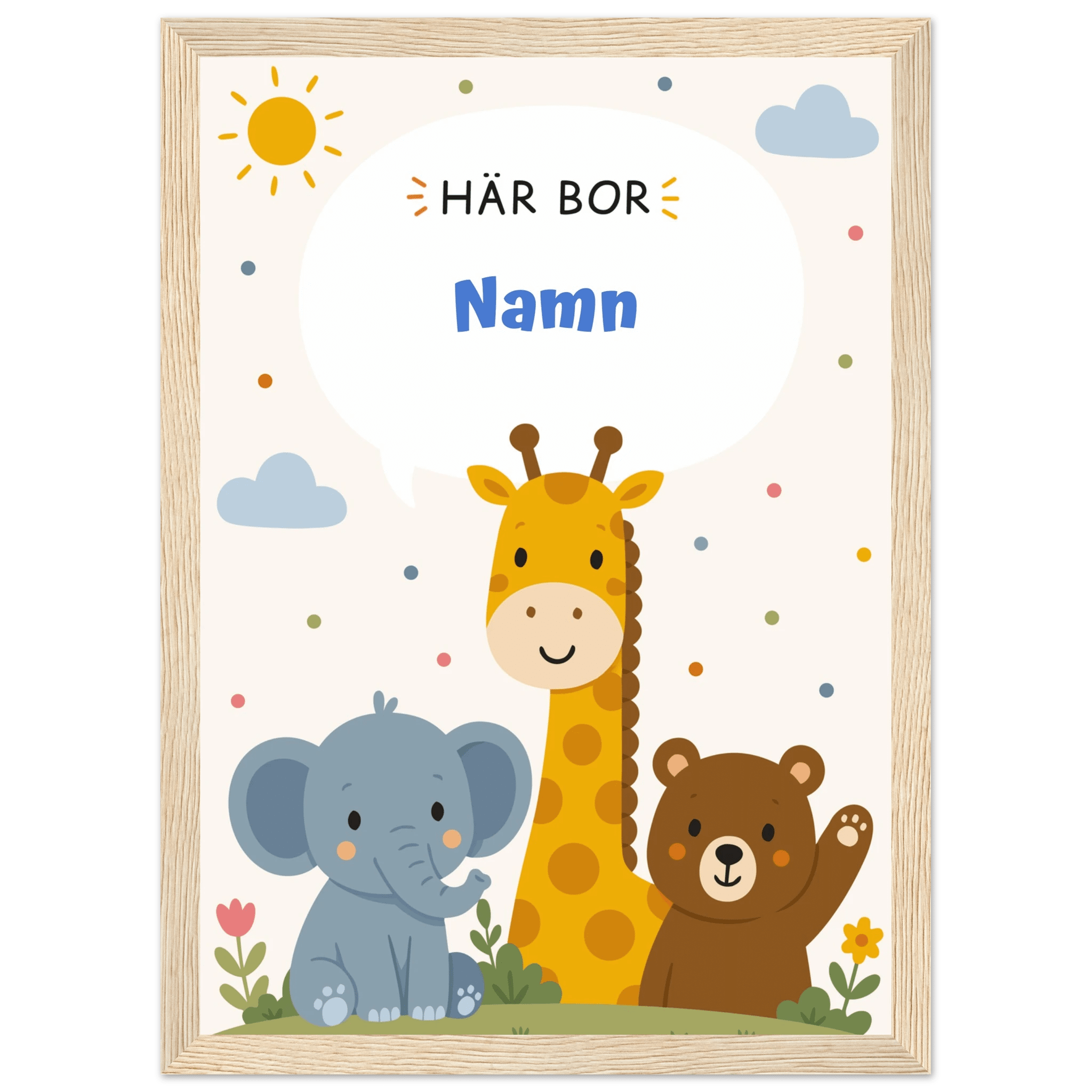 Personlig namnposter med djur – Här bor med blå text poster