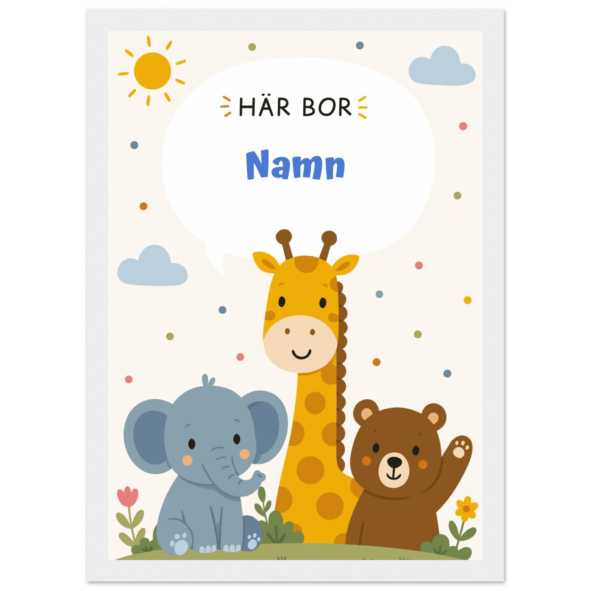 Personlig namnposter med djur – Här bor med blå text poster