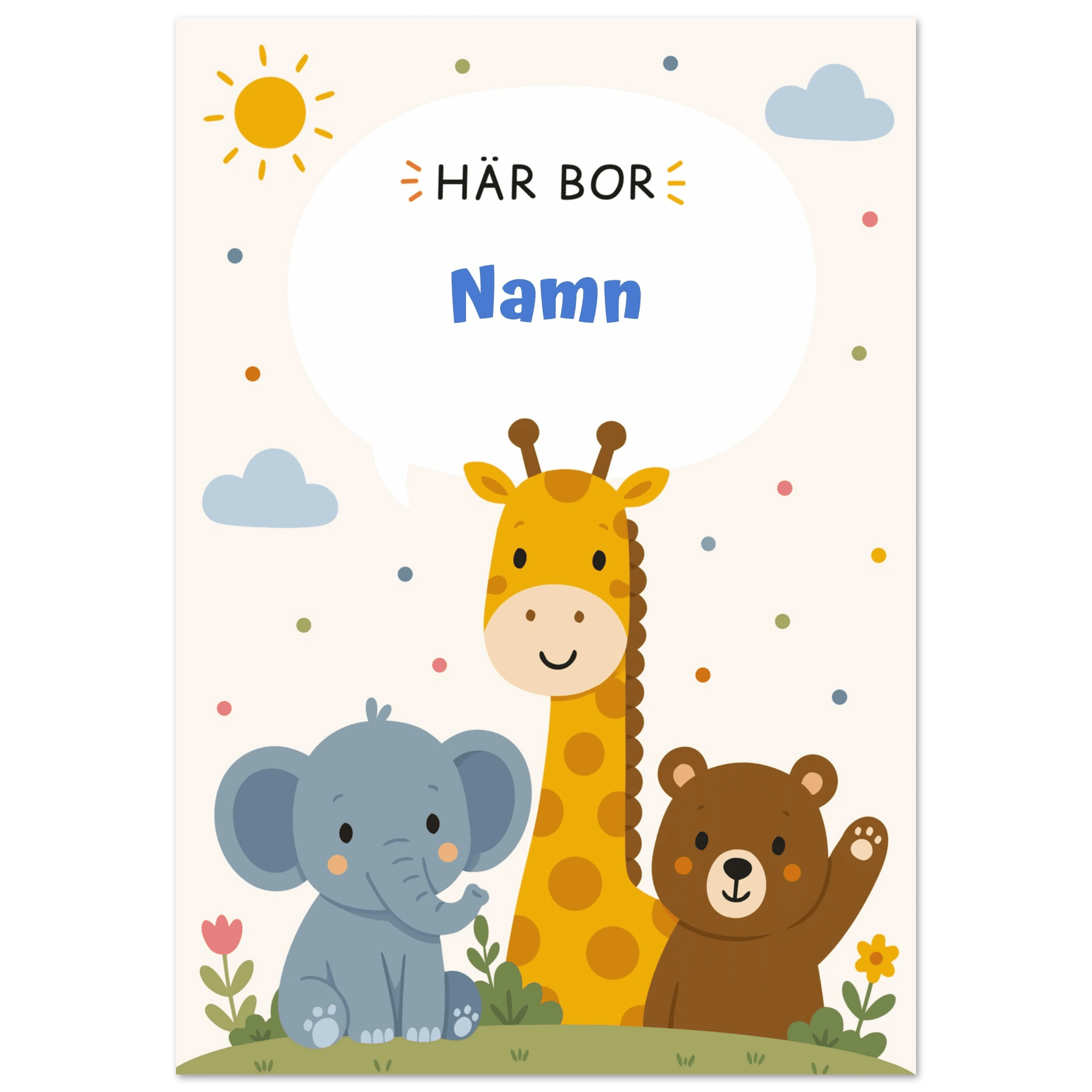 Personlig namnposter med djur – Här bor med blå text poster