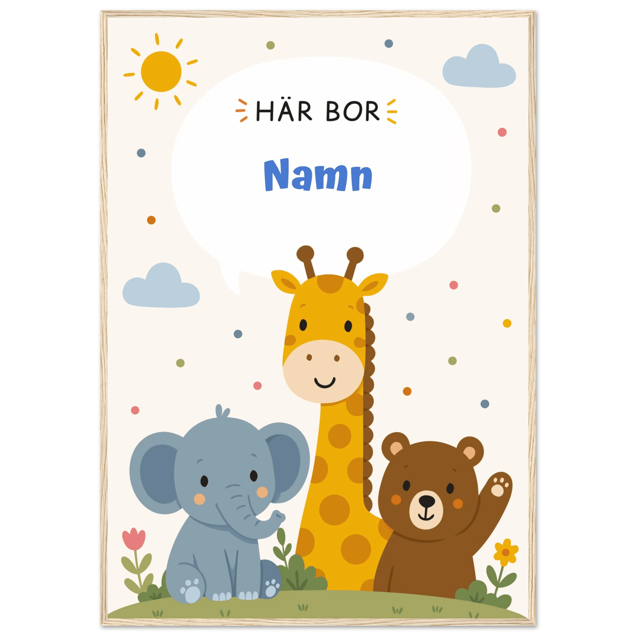 Personlig namnposter med djur – Här bor med blå text poster