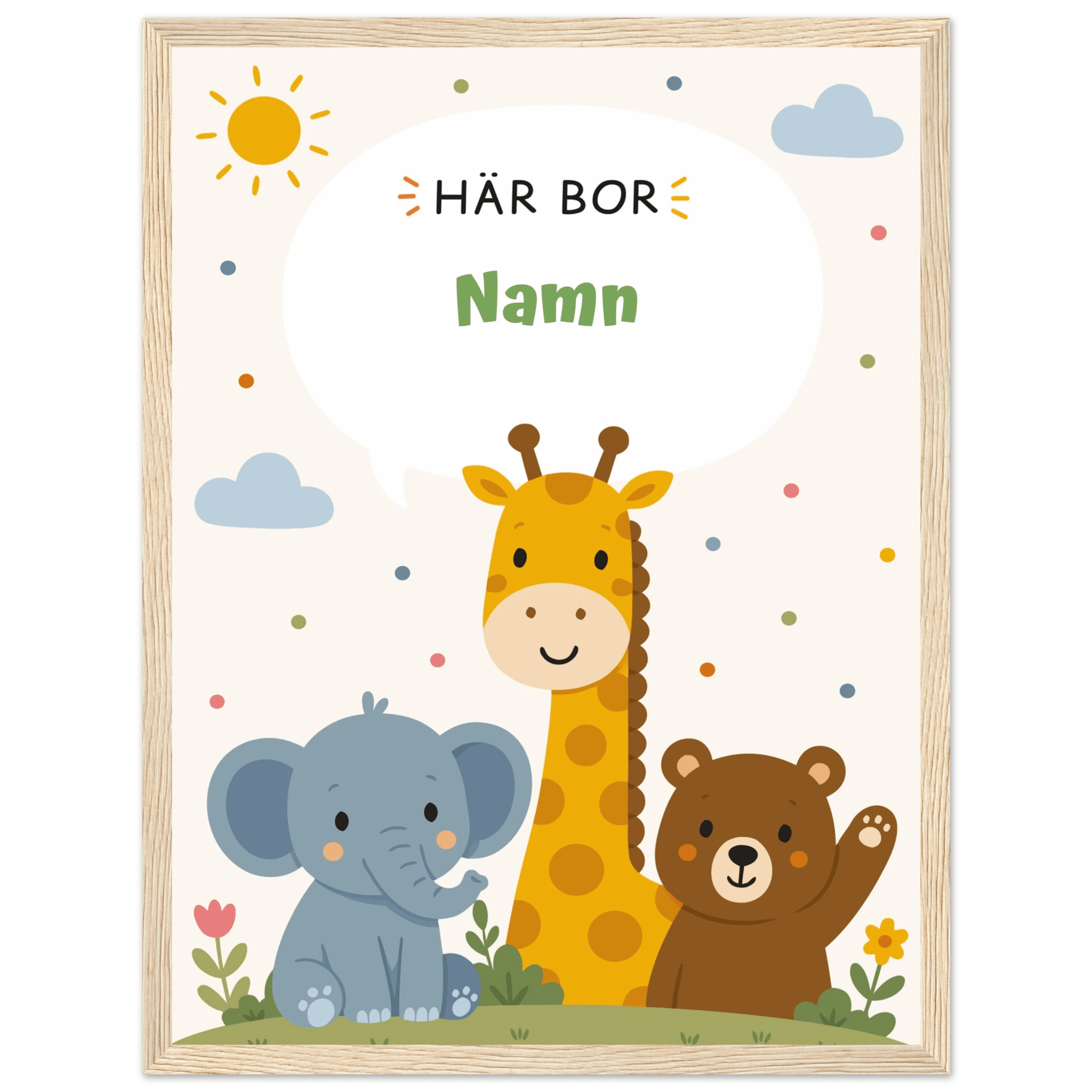 Personlig namnposter med djur – Här bor med grön text poster