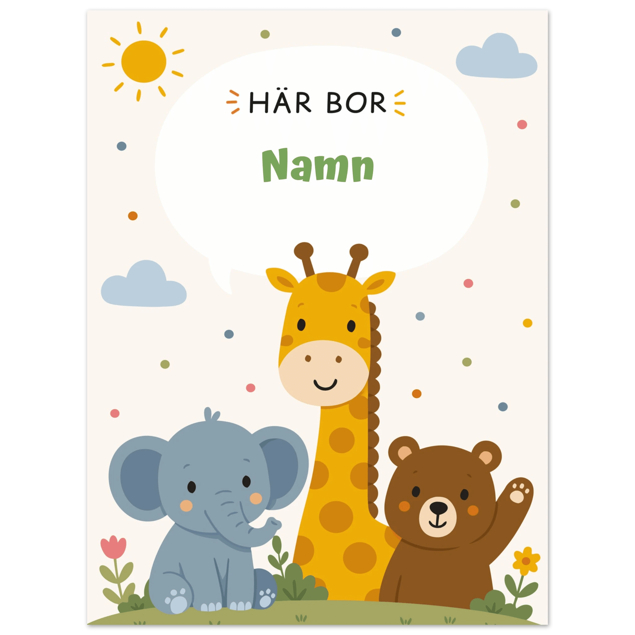 Personlig namnposter med djur – Här bor med grön text poster