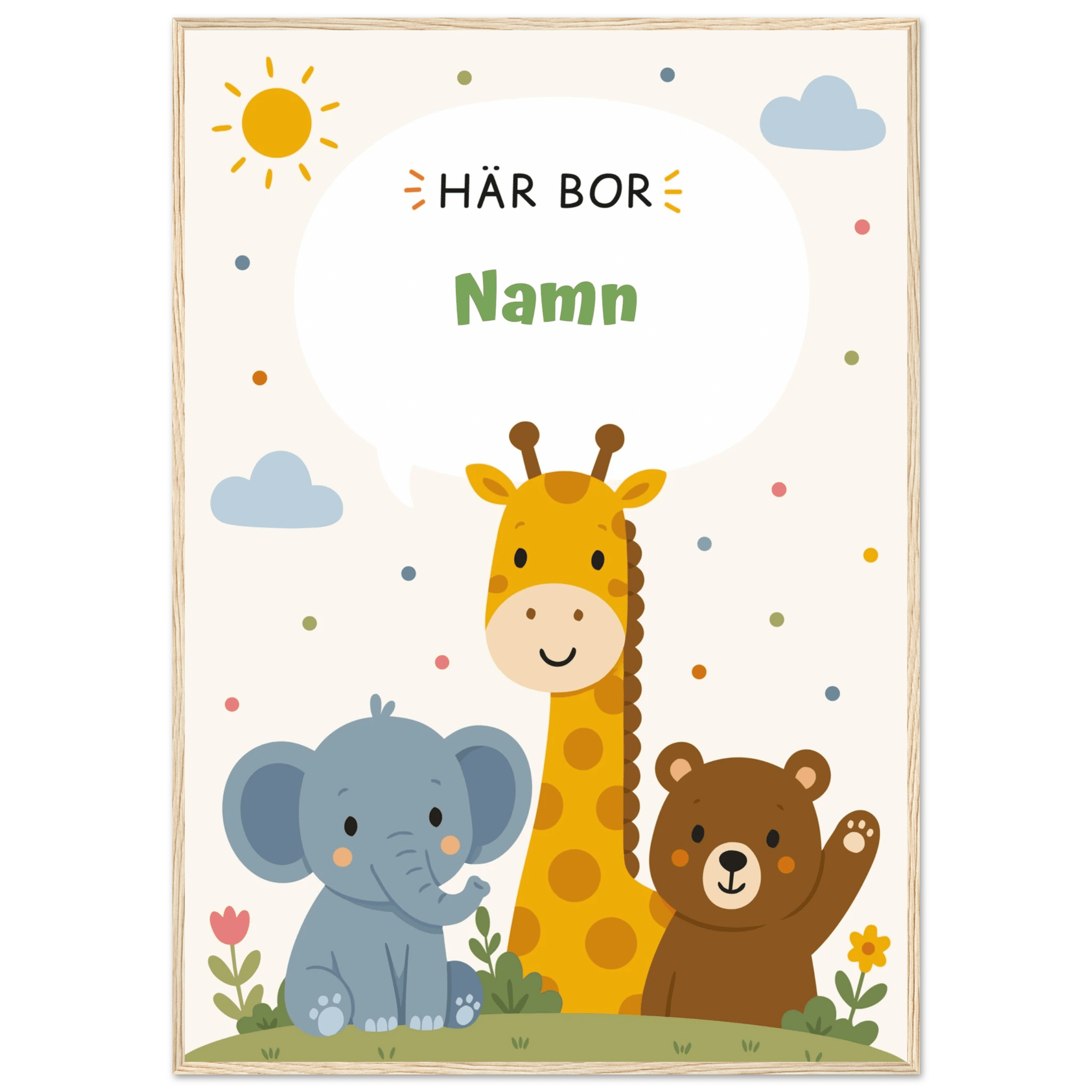 Personlig namnposter med djur – Här bor med grön text poster