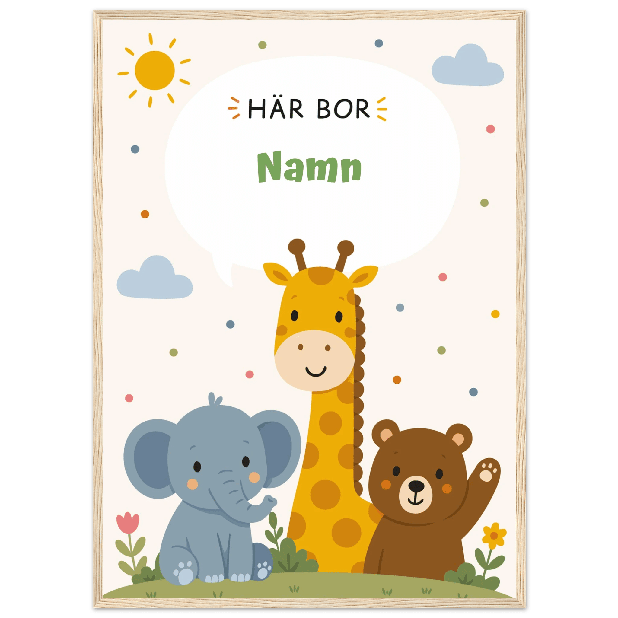 Personlig namnposter med djur – Här bor med grön text poster