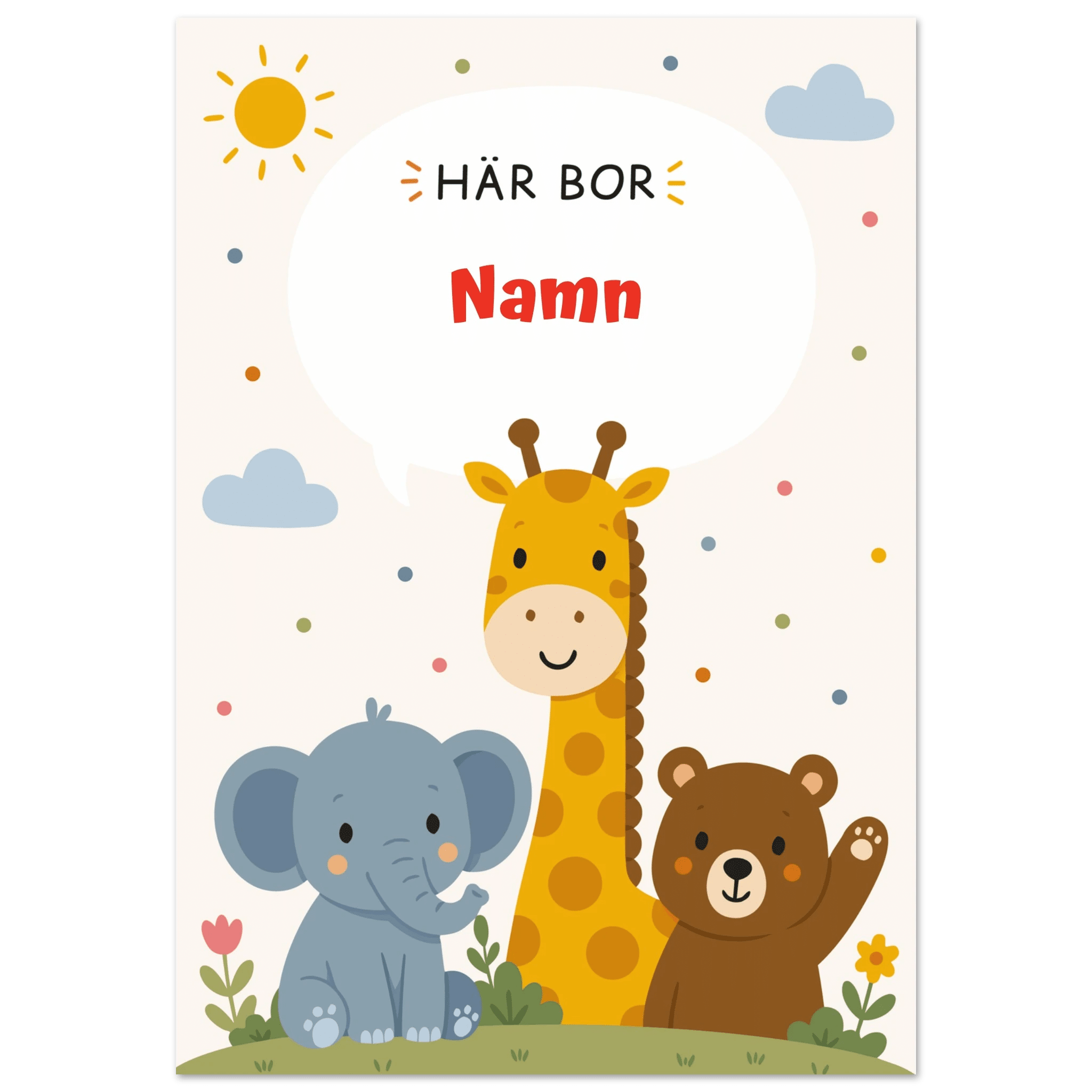 Personlig namnposter med djur – Här bor med röd text poster