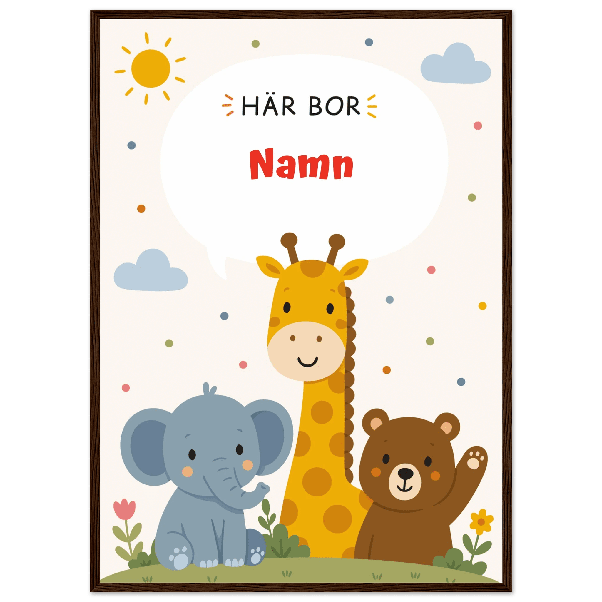 Personlig namnposter med djur – Här bor med röd text poster
