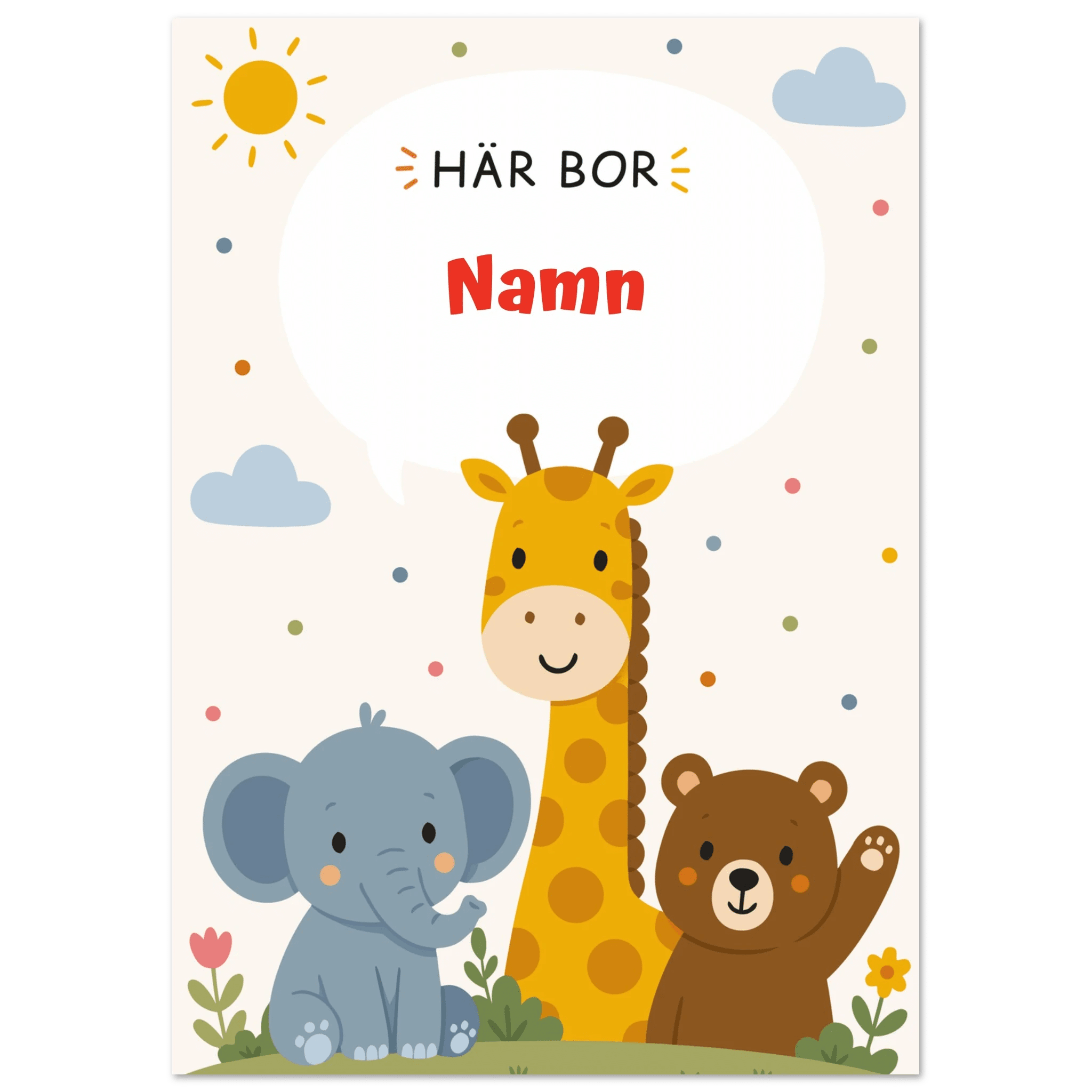 Personlig namnposter med djur – Här bor med röd text poster