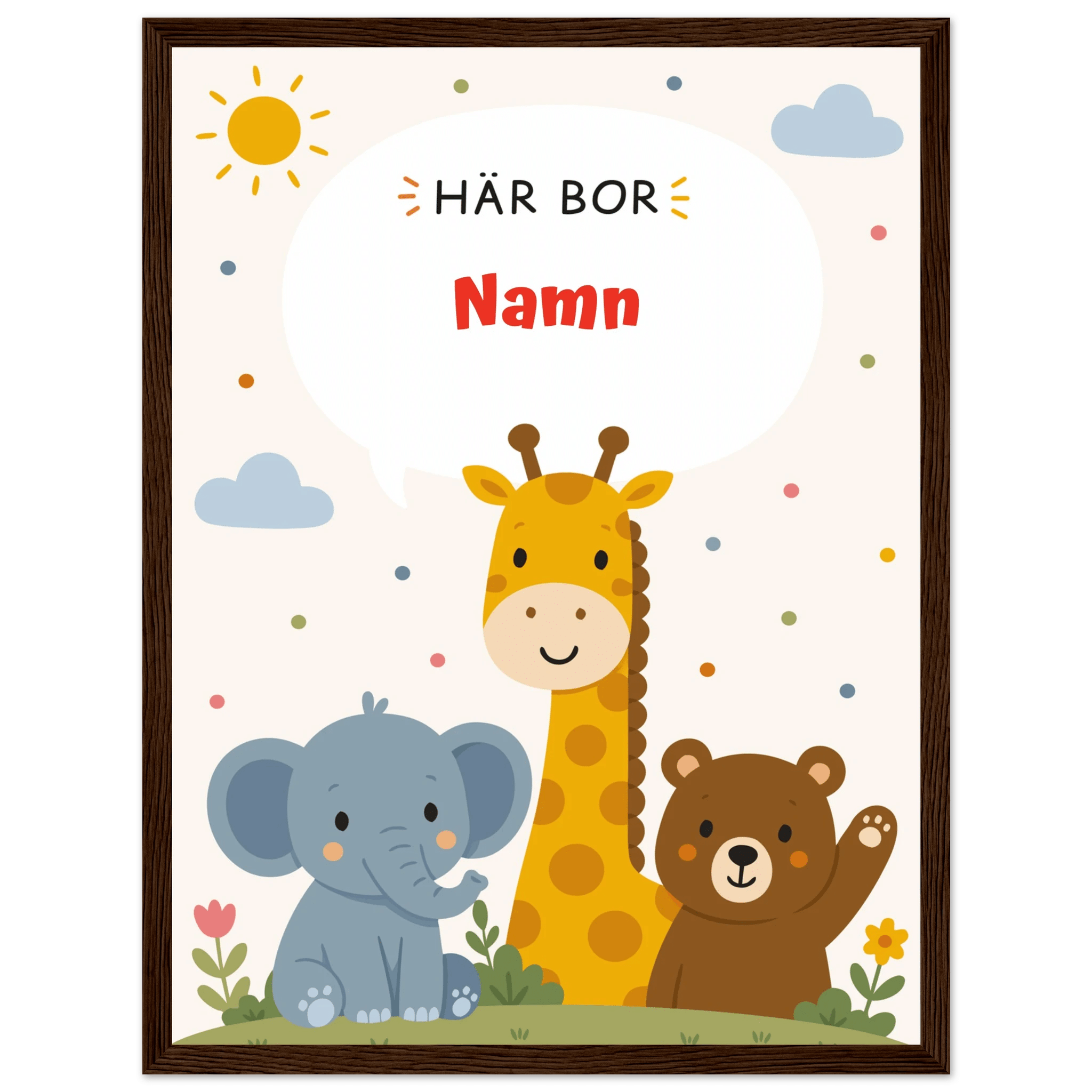 Personlig namnposter med djur – Här bor med röd text poster