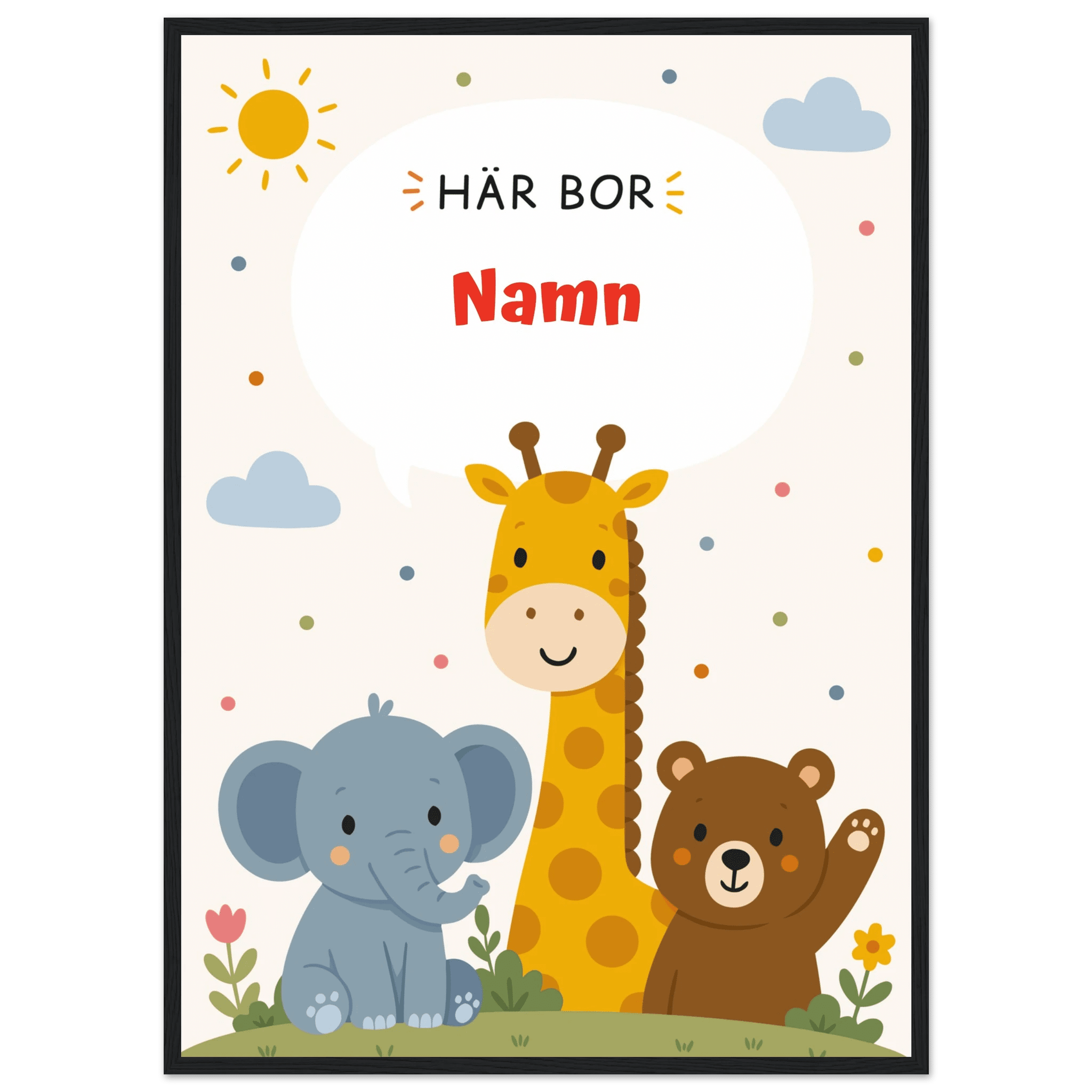 Personlig namnposter med djur – Här bor med röd text poster