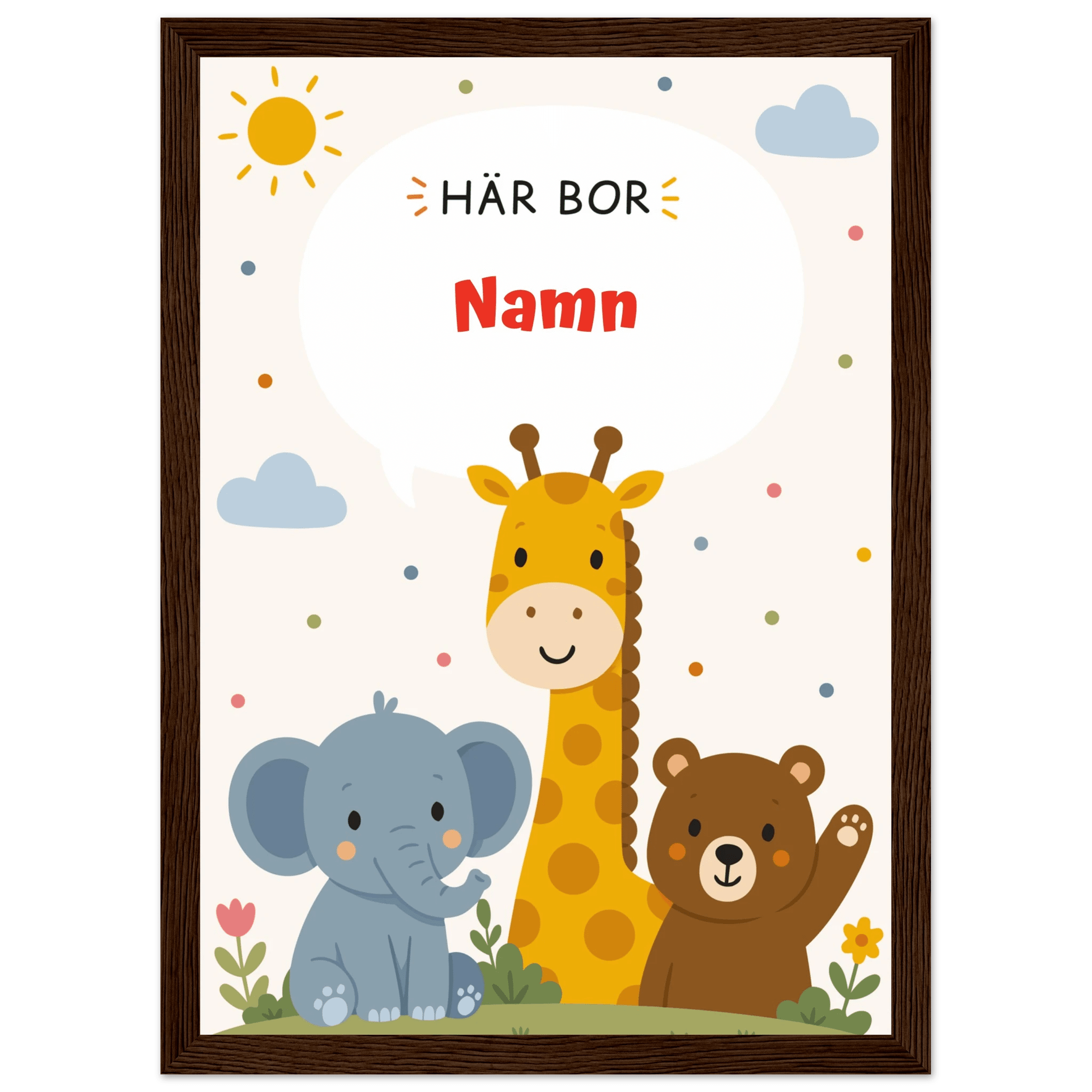 Personlig namnposter med djur – Här bor med röd text poster