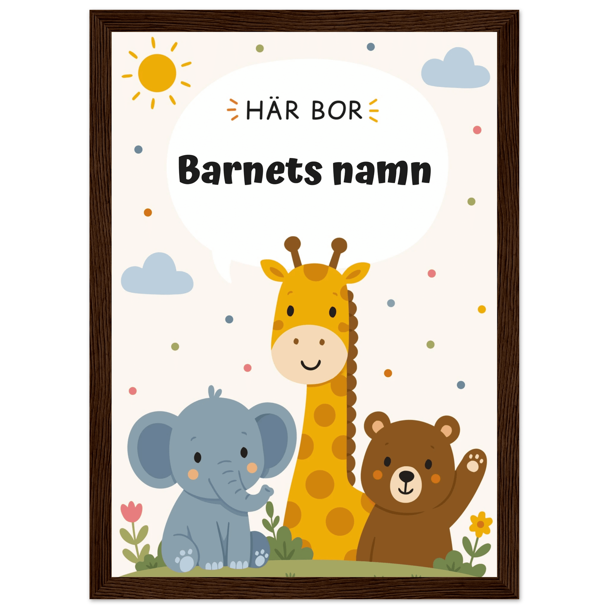 Personlig namnposter med djur – Här bor med svart text poster