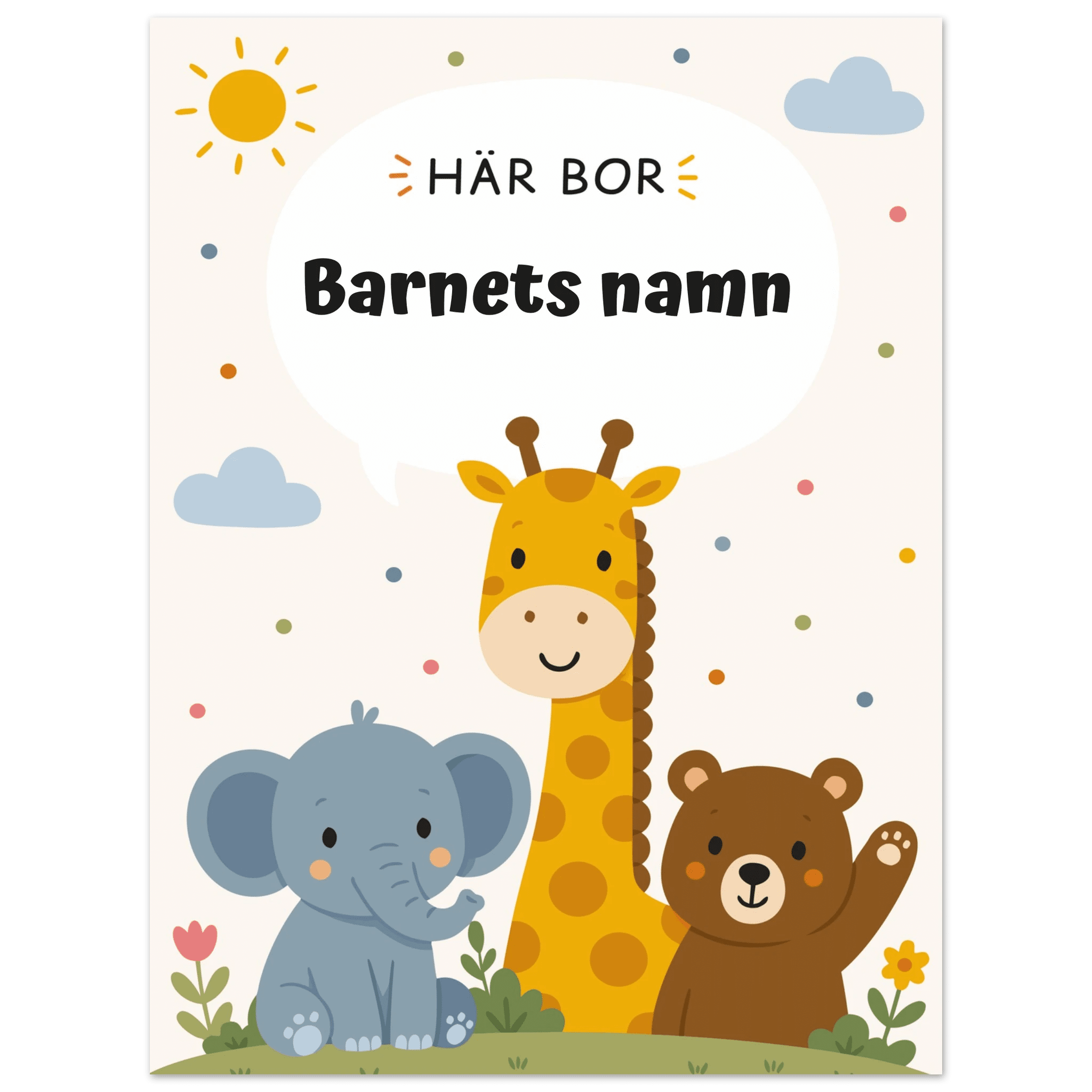 Personlig namnposter med djur – Här bor med svart text poster