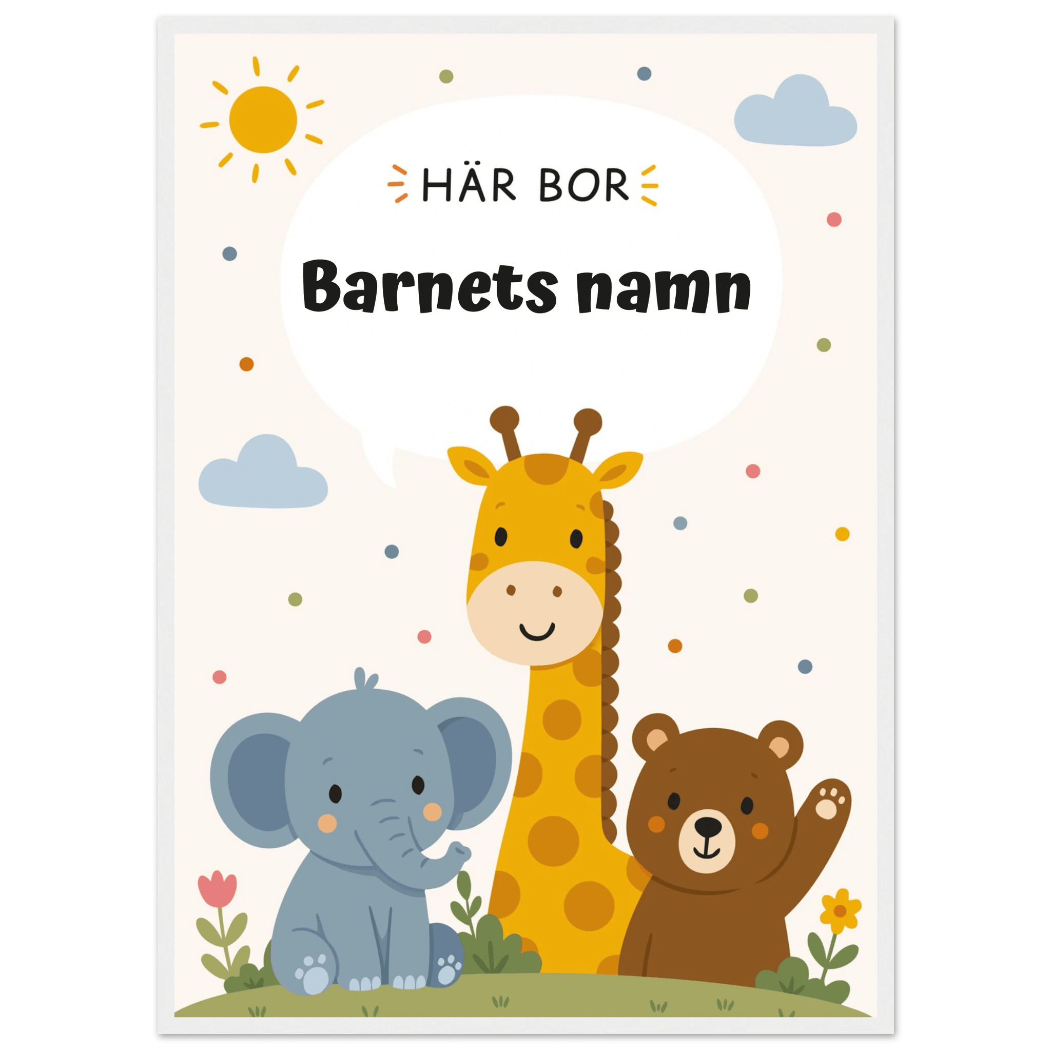 Personlig namnposter med djur – Här bor med svart text poster