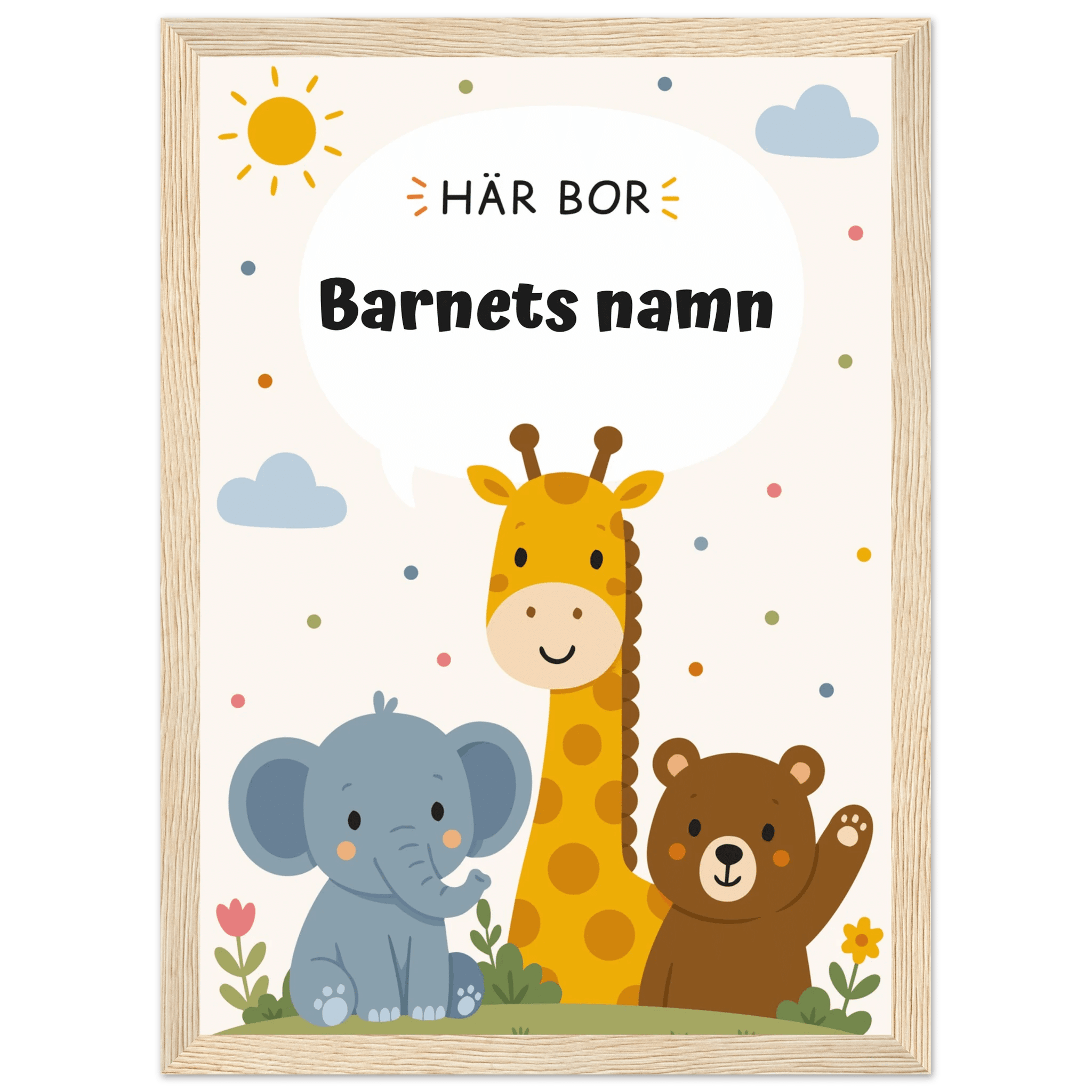 Personlig namnposter med djur – Här bor med svart text poster
