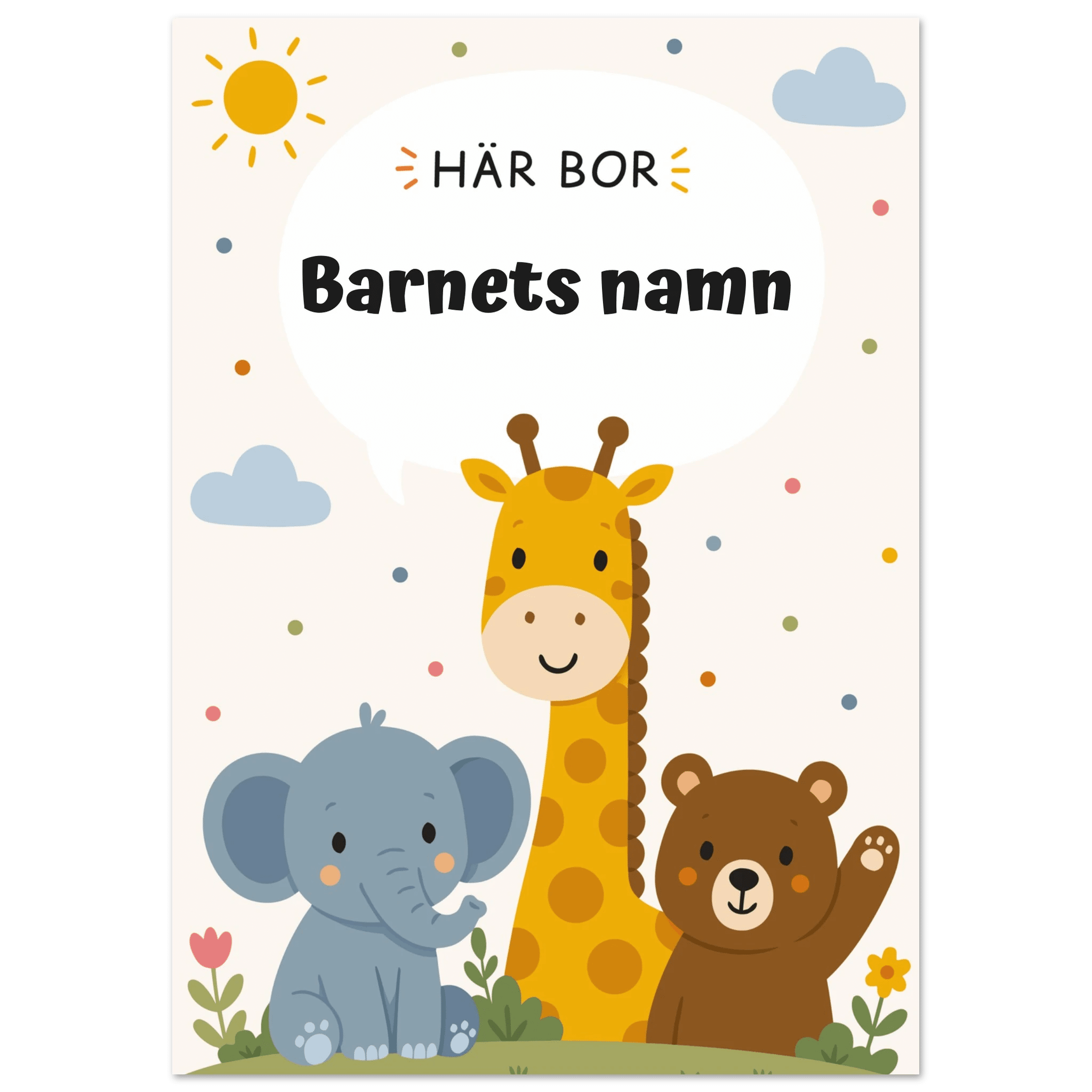 Personlig namnposter med djur – Här bor med svart text poster
