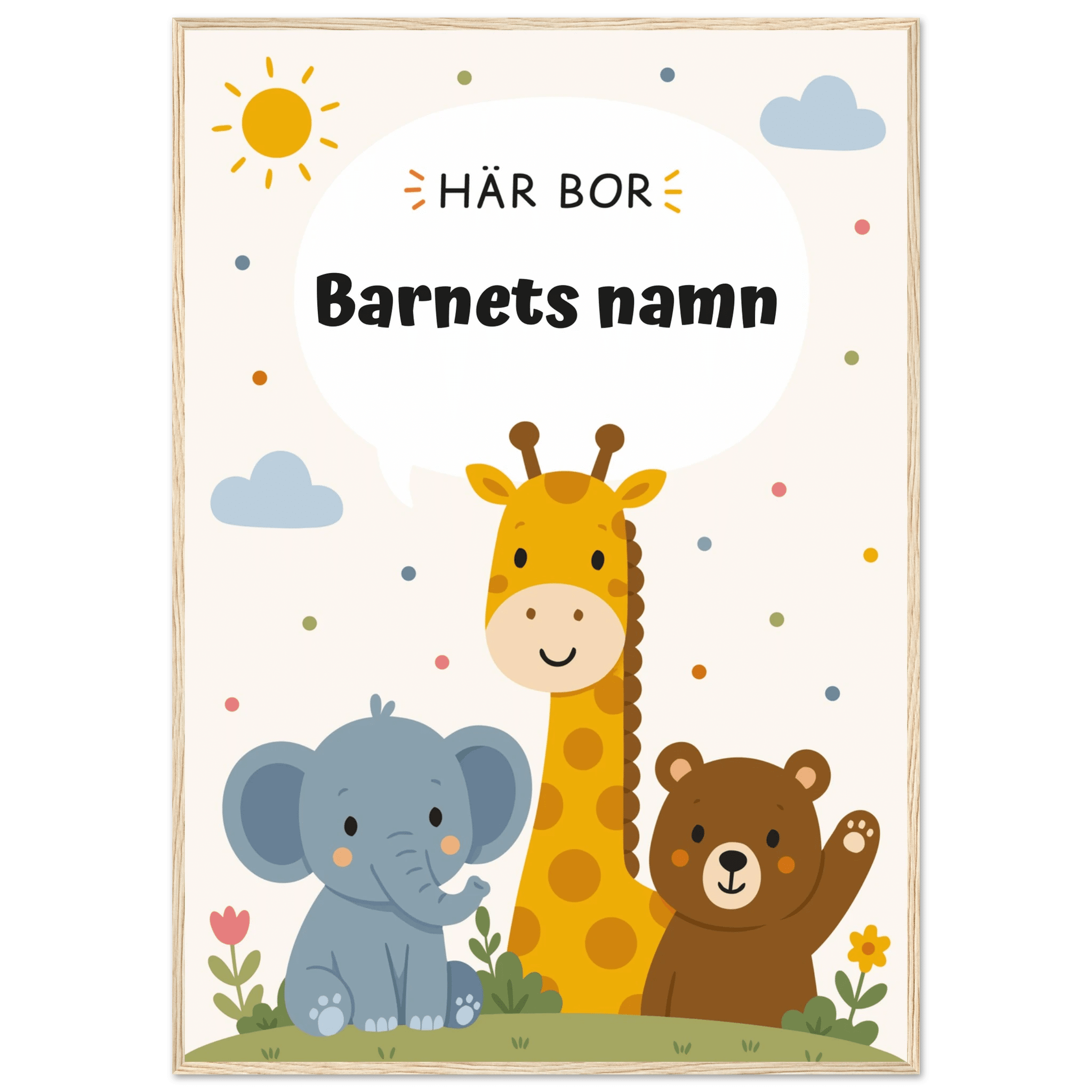 Personlig namnposter med djur – Här bor med svart text poster