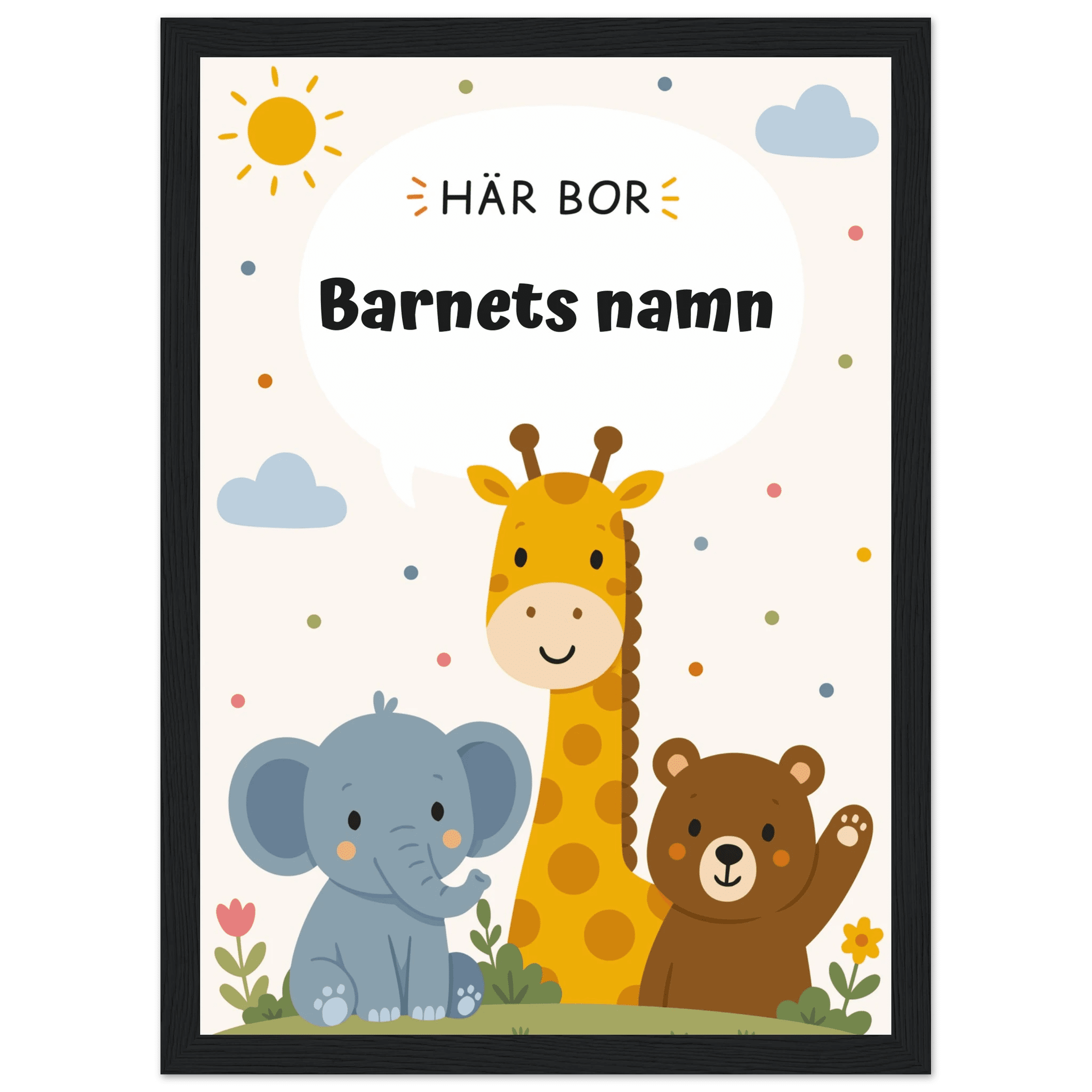 Personlig namnposter med djur – Här bor med svart text poster