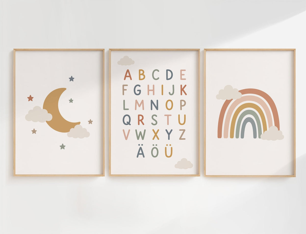 Skandinavisches 3er-Poster-Set für das Kinderzimmer | Regenbogen, Mond & Alphabet poster